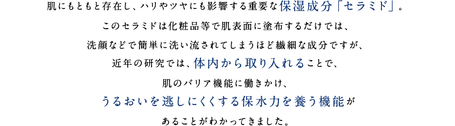 肌にもともと存在し、ハリやツヤにも影響する重要な保湿成分「セラミド」。このセラミドは化粧品等で肌表面に塗布するだけでは、洗顔などで簡単に洗い流されてしまうほど繊細な成分ですが、近年の研究では、体内から取り入れることで、肌のバリア機能に働きかけ、うるおいを逃しにくくする保水力を養う機能があることがわかってきました。