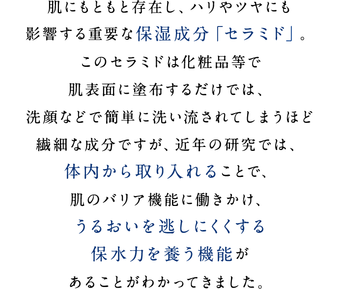肌にもともと存在し、ハリやツヤにも影響する重要な保湿成分「セラミド」。このセラミドは化粧品等で肌表面に塗布するだけでは、洗顔などで簡単に洗い流されてしまうほど繊細な成分ですが、近年の研究では、体内から取り入れることで、肌のバリア機能に働きかけ、うるおいを逃しにくくする保水力を養う機能があることがわかってきました。