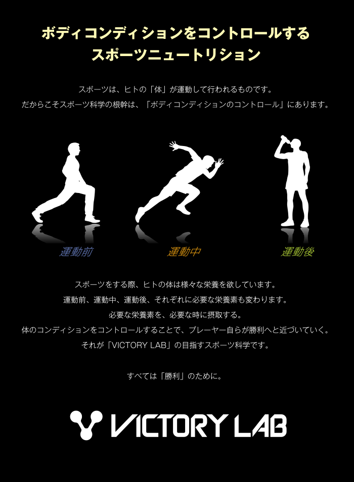 ボディコンディションをコントロールするスポーツニュートリション　スポーツは、ヒトの「体」が運動して行われるものです。だからこそスポーツ科学の根幹は、「ボディコンディションのコントロール」にあります。スポーツをする際、ヒトの体は様々な栄養を欲しています。運動前、運動中、運動後、それぞれに必要な栄養素も変わります。必要な栄養素を、必要な時に摂取する。体のコンディションをコントロールすることで、プレーヤー自らが勝利へと近づいていく。それが「VICTORY LAB」の目指すスポーツ科学です。