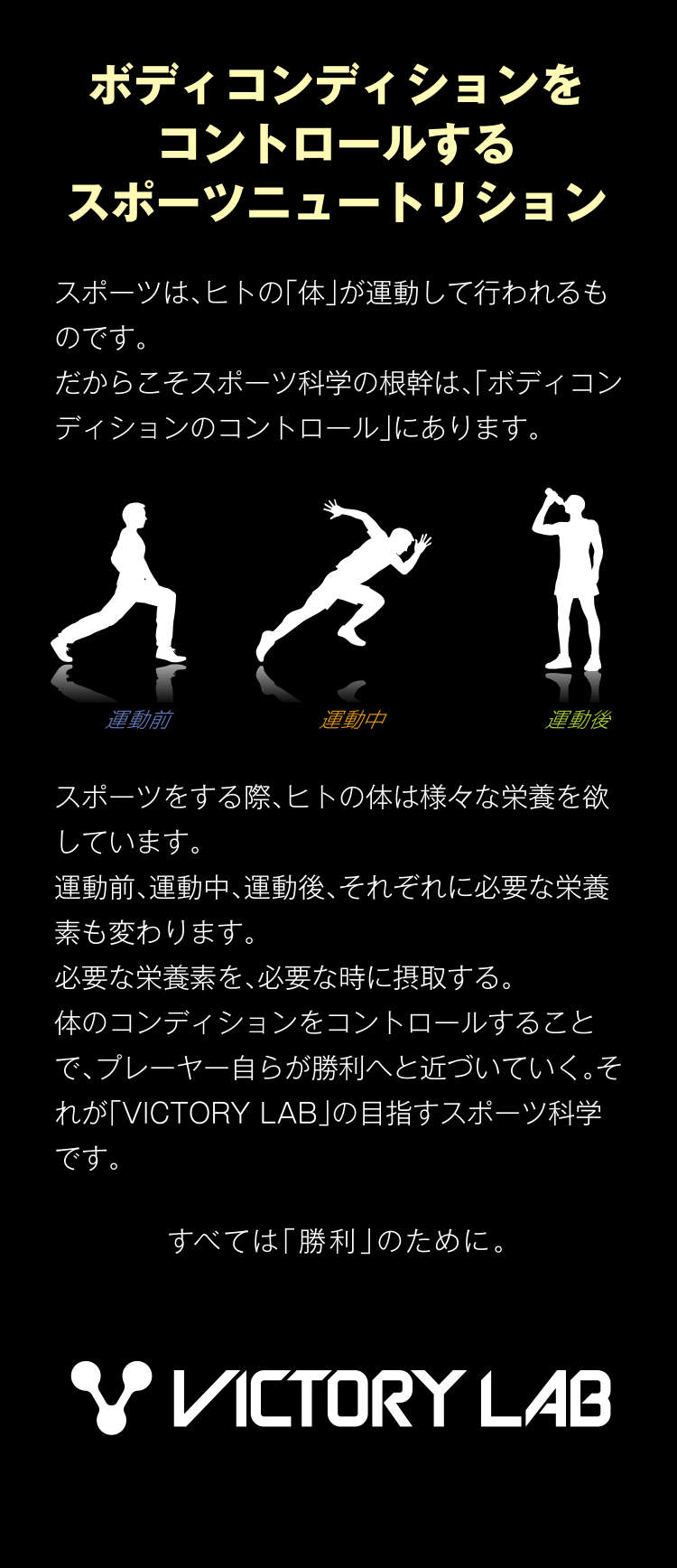 ボディコンディションをコントロールするスポーツニュートリション　スポーツは、ヒトの「体」が運動して行われるものです。だからこそスポーツ科学の根幹は、「ボディコンディションのコントロール」にあります。スポーツをする際、ヒトの体は様々な栄養を欲しています。運動前、運動中、運動後、それぞれに必要な栄養素も変わります。必要な栄養素を、必要な時に摂取する。体のコンディションをコントロールすることで、プレーヤー自らが勝利へと近づいていく。それが「VICTORY LAB」の目指すスポーツ科学です。